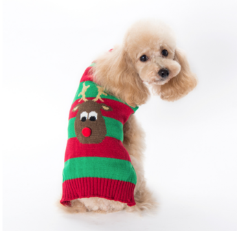 Honden Kersttrui groen/rood gestreept met rendier