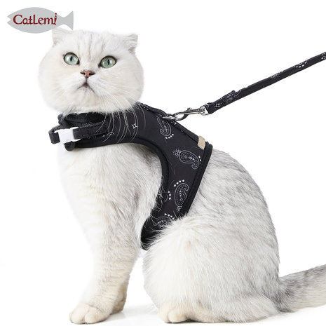 Kattenharnas - Harnas voor katten met print - Kattentuigje met looplijn - Zwart