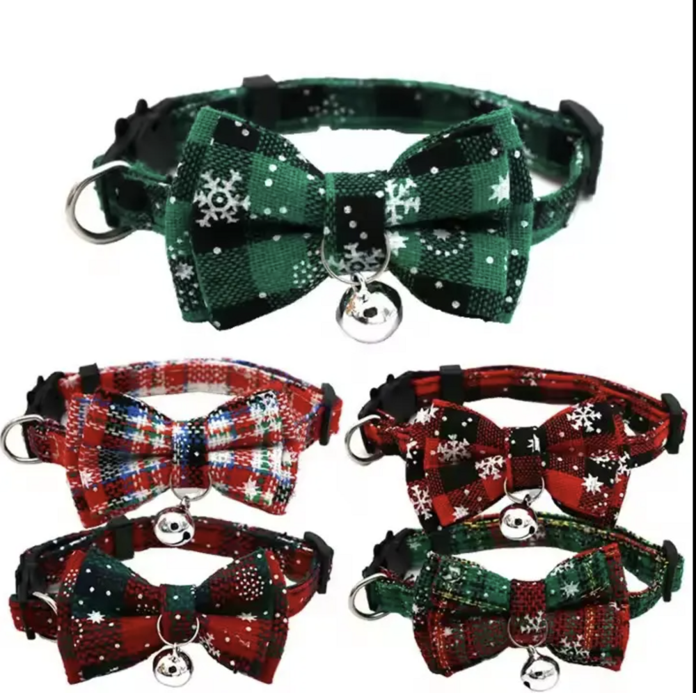 Kersthalsband met strik voor kat of klene hond groen snowflake