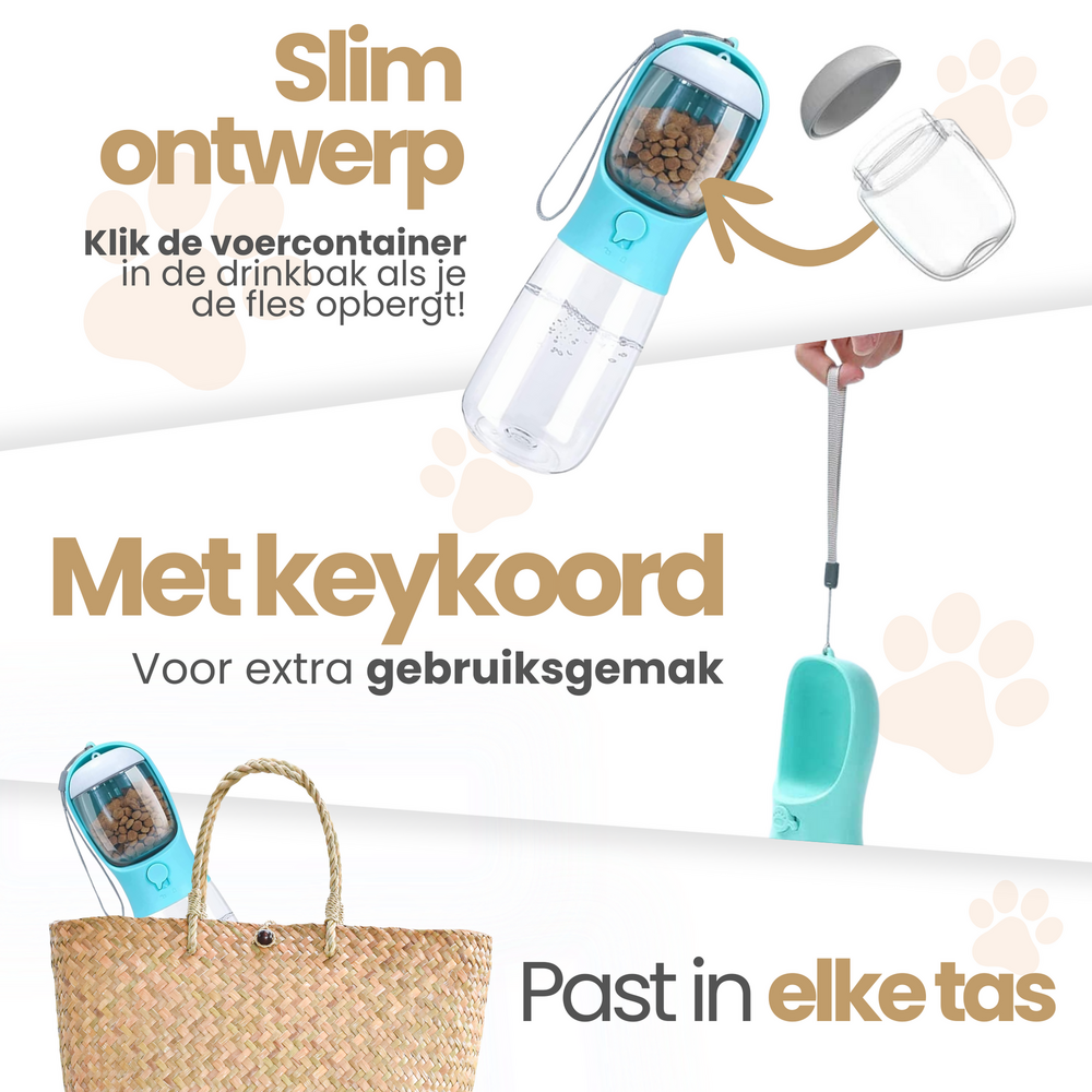 Dogs&amp;Co Honden Waterfles 300 ML  met voerbakje Roze