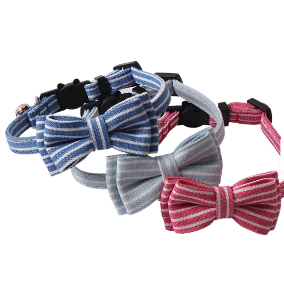 Kattenhalsband met strik Licht Blauw Streep (Denim)