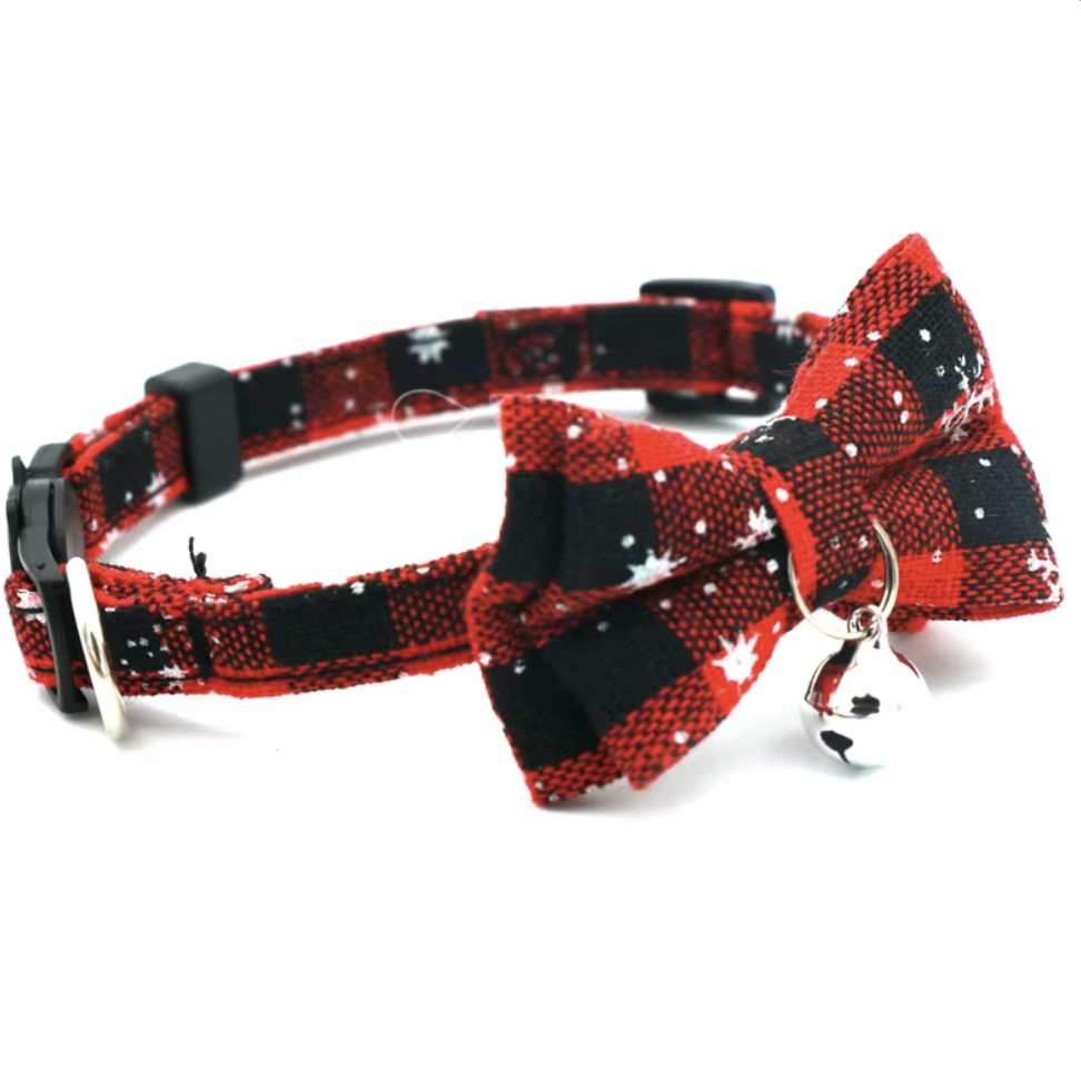 Kersthalsband met strik voor kat of kleine hond rood snowflake belletjes