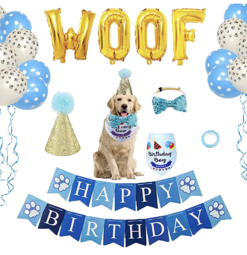 Verjaardags set WOOF voor de hond 6 delig  Blauw