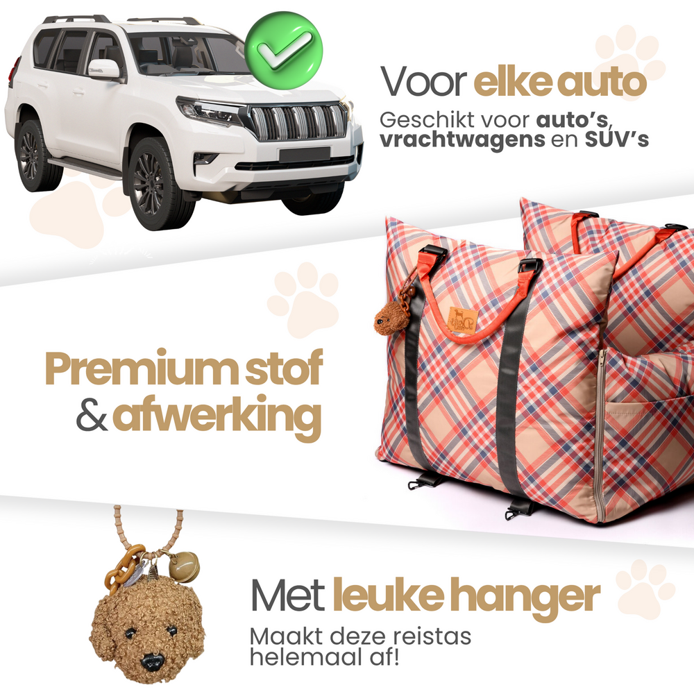 Dogs&amp;Co Luxe Honden autostoel  Royal+  Beige Check  Waterproof Limited Edition