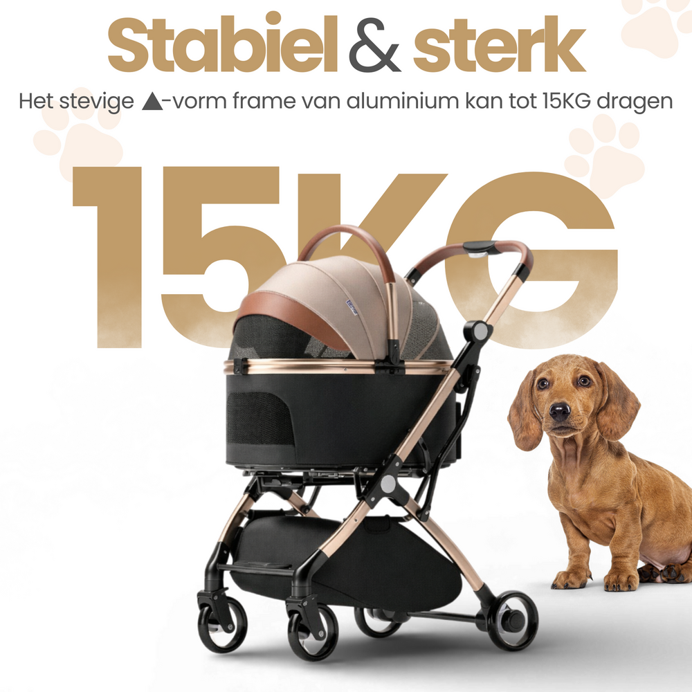 Dogs&amp;Co&reg; Hondenbuggy Deluxe Goud &amp; Zwart - Opvouwbaar - Premium banden - RVS - Hond &amp; Kat - Hondenwagen - Huisdierenwagen