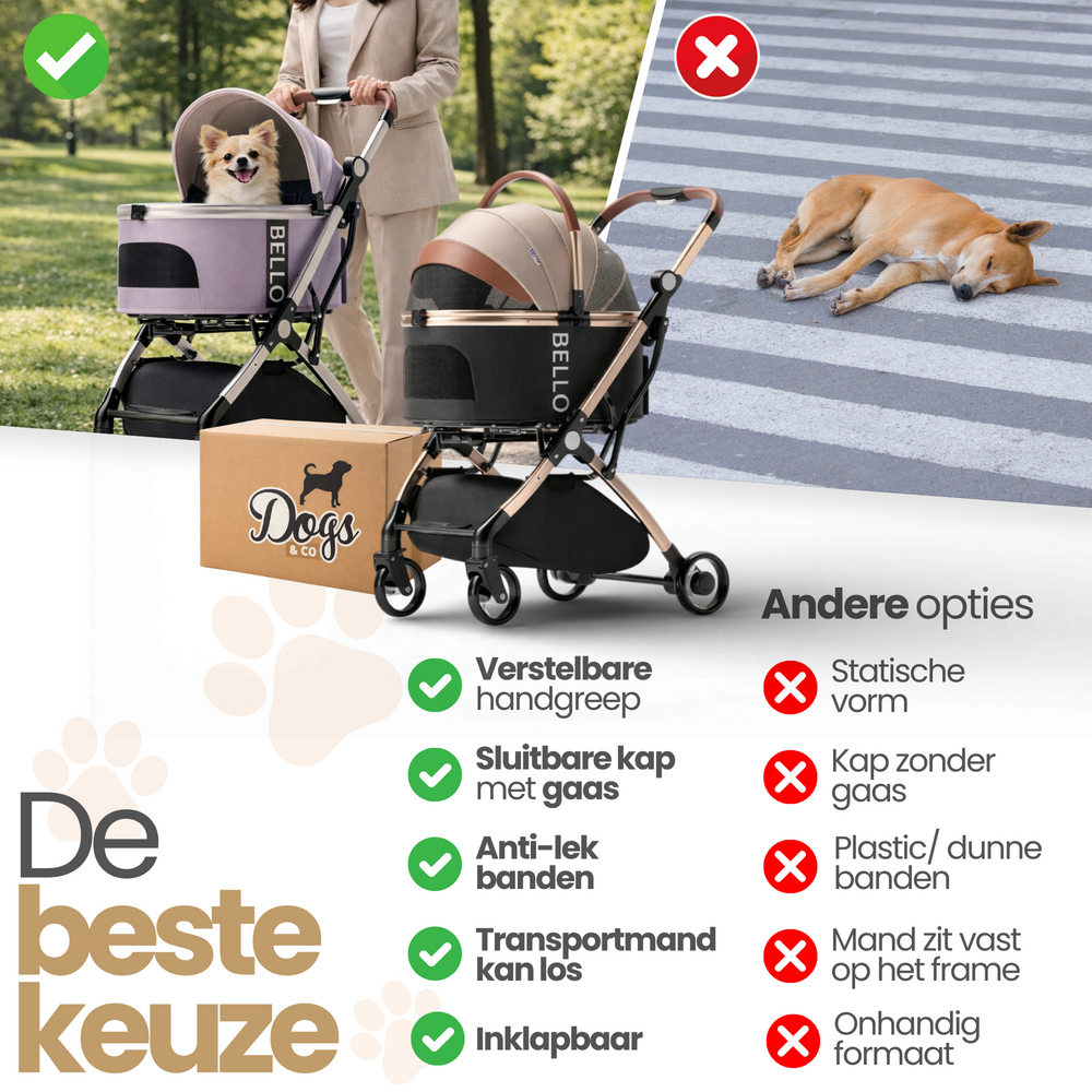 Dogs&amp;Co&reg; Hondenbuggy Deluxe Zwart - Opvouwbaar - Premium banden - RVS - Hond &amp; Kat - Hondenwagen - Huisdierenwagen