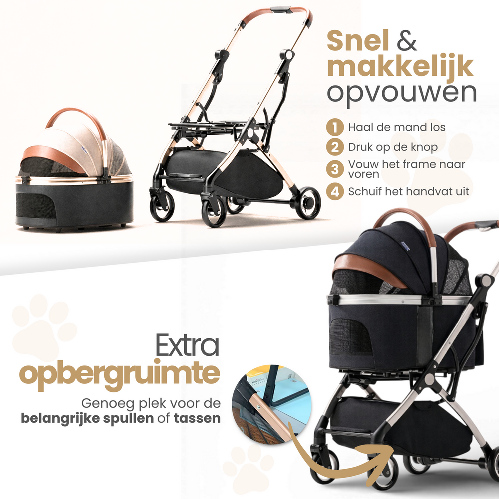 Dogs&amp;Co&reg; Hondenbuggy Deluxe Zwart - Opvouwbaar - Premium banden - RVS - Hond &amp; Kat - Hondenwagen - Huisdierenwagen