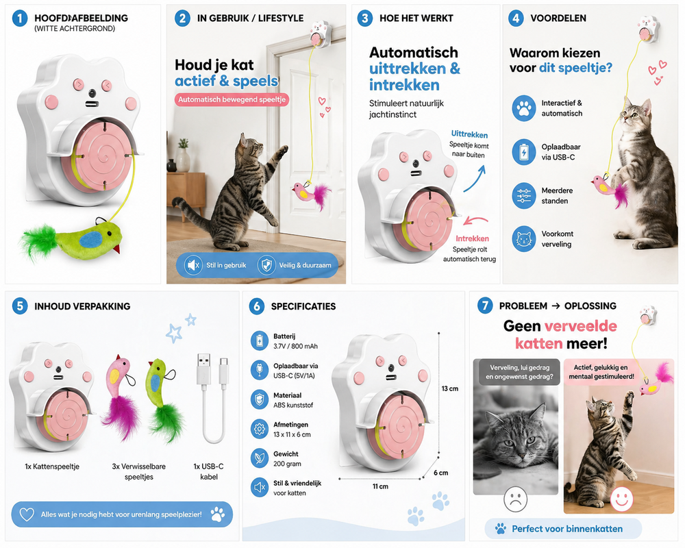 Interactief Kattenspeeltje met Automatisch Uittrekbaar Touw &ndash; Oplaadbaar (USB-C