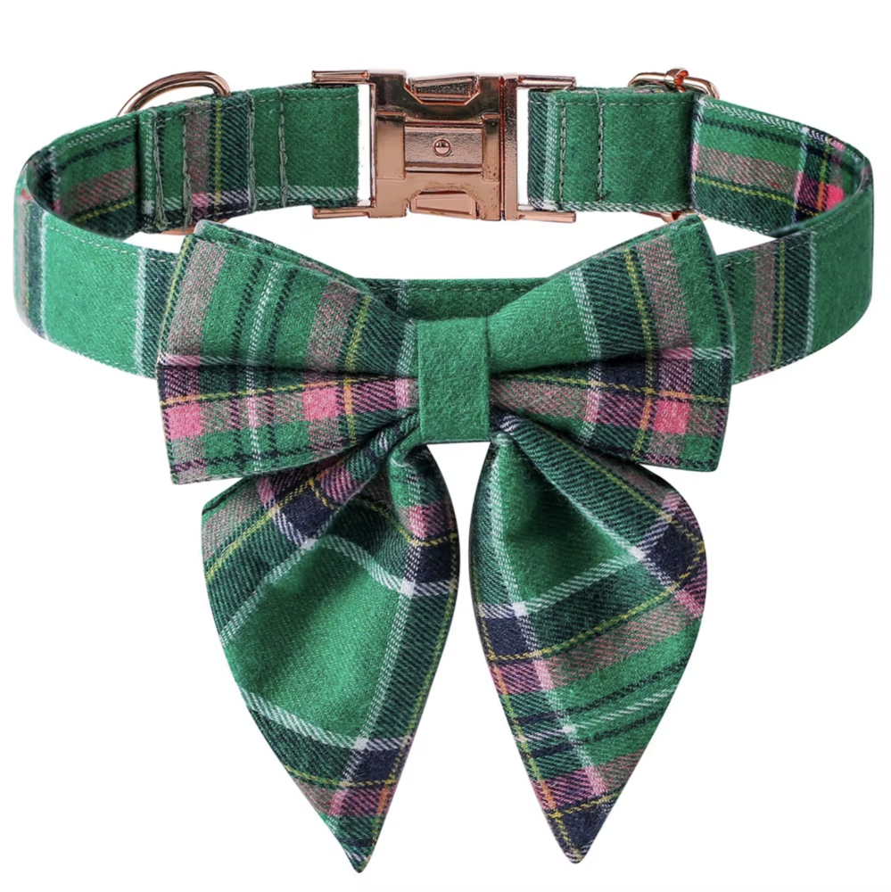 Dogs&amp;Co Luxe Hondenhalsband met Strik &ndash; Groen Geruit Design &amp; Ros&eacute;gouden Gesp