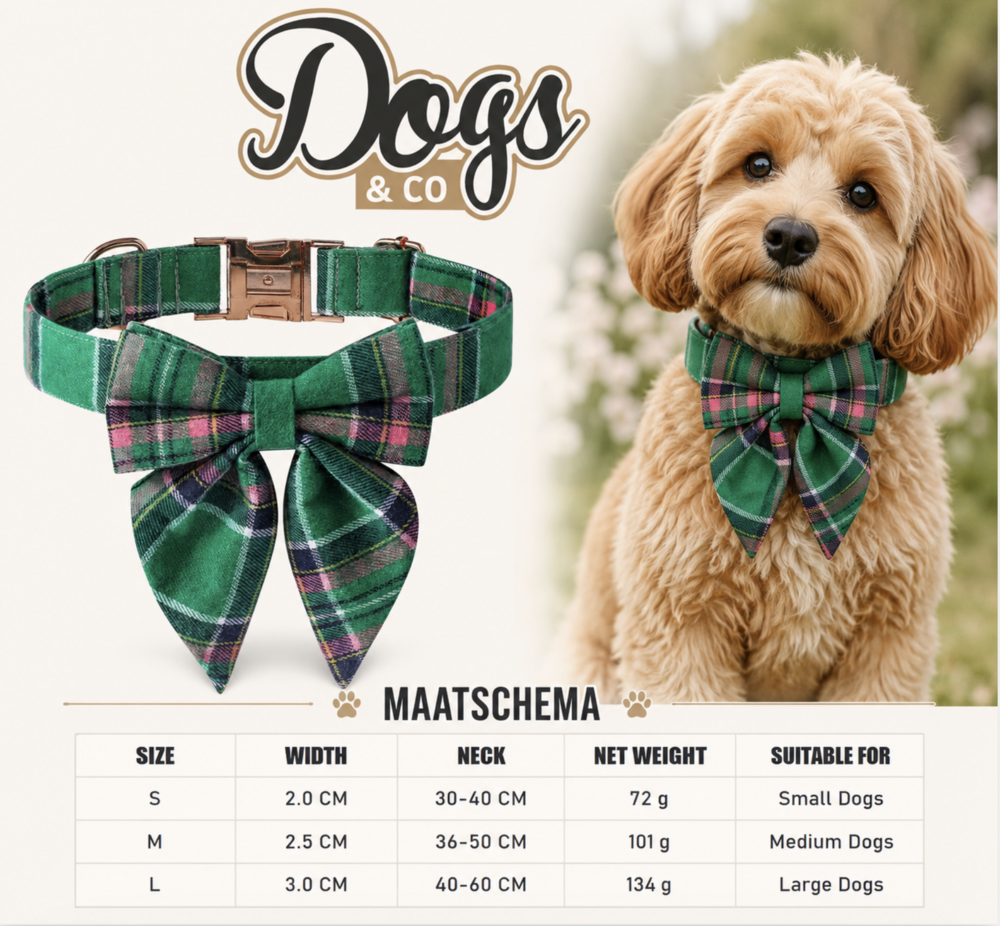 Dogs&amp;Co Luxe Hondenhalsband met Strik &ndash; Groen Geruit Design &amp; Ros&eacute;gouden Gesp