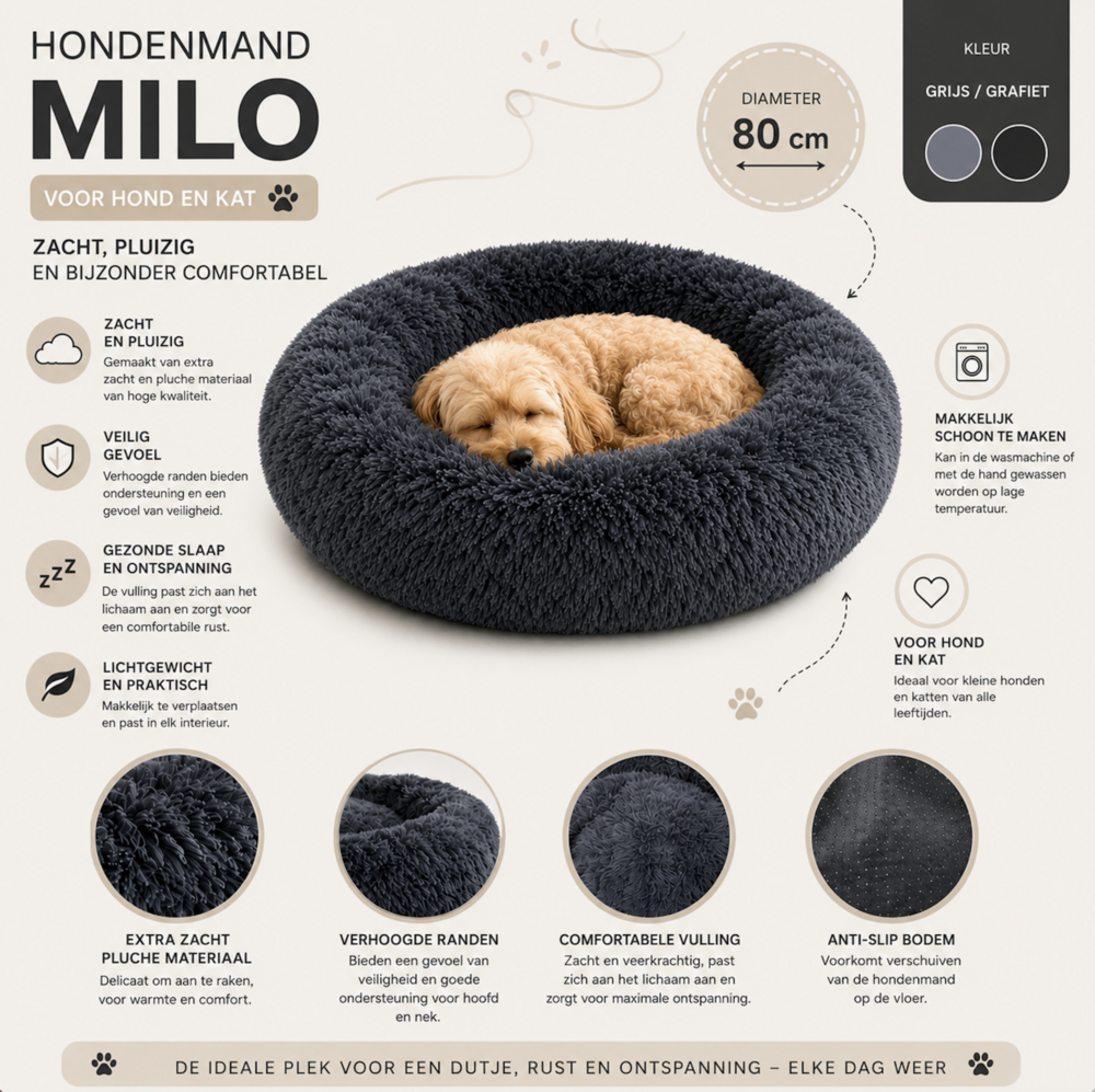 MILO Hondenmand 80 cm - Donut Hondenbed voor Hond en Kat - Zacht Pluche - Donkergrijs
