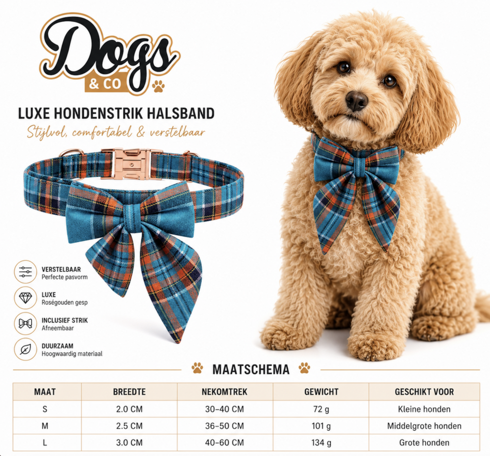 Dogs&amp;Co Luxe Hondenhalsband met Strik &ndash; Blauw Geruit Design &amp; Ros&eacute;gouden Gesp