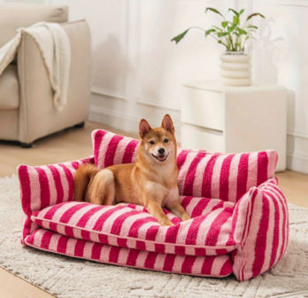 Trendy Faux Lamswol honden-Kattenbed streep Roze M
