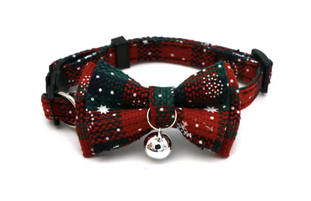 Kersthalsband met strik voor kat of klene hond rood/groen snowflake