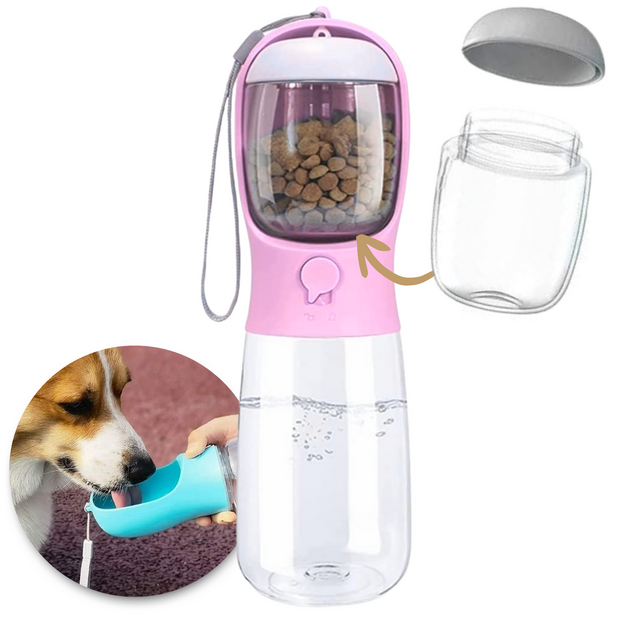 Dogs&amp;Co Honden Waterfles 500 ML  met voerbakje Roze