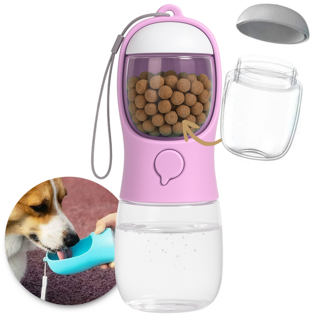 Dogs&amp;Co Honden Waterfles 300 ML  met voerbakje Roze