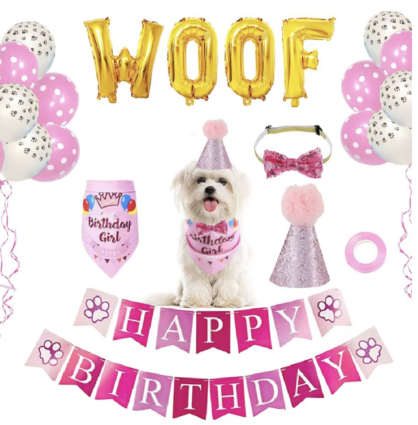 Verjaardags set WOOF voor de hond 6 delig  Roze