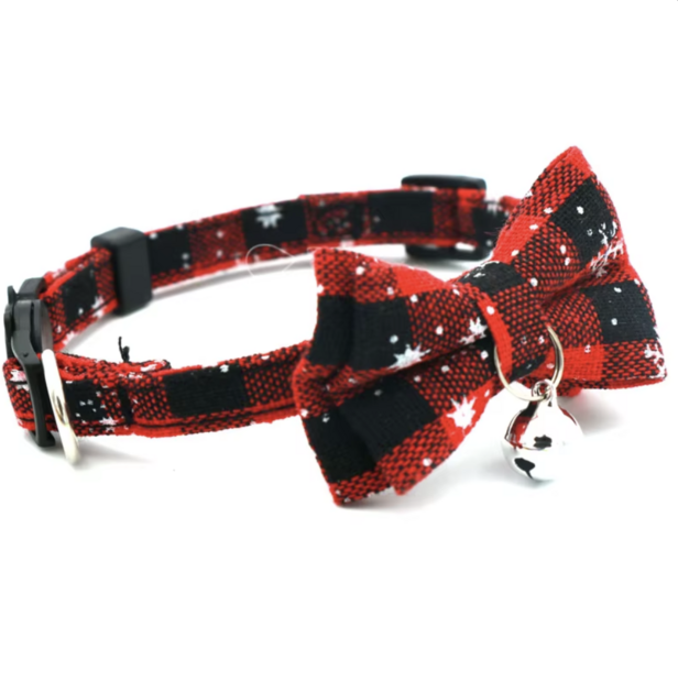 Kersthalsband met strik voor kat of kleine hond rood snowflake belletjes
