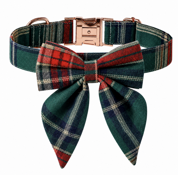 Dogs&amp;Co Luxe Hondenhalsband met Strik &ndash; Groen/Rood Geruit Design &amp; Ros&eacute;gouden Gesp