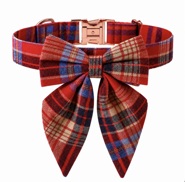 Dogs&amp;Co Luxe Hondenhalsband met Strik &ndash; Rood/Blauw Geruit Design &amp; Ros&eacute;gouden Gesp