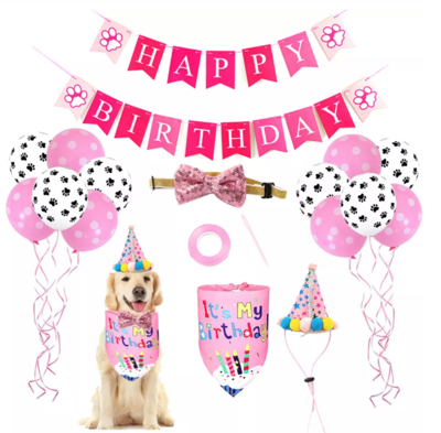Verjaardags set voor de hond roze pootjes