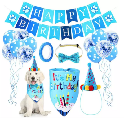 Verjaardags set voor de hond blauw confetti-ballon