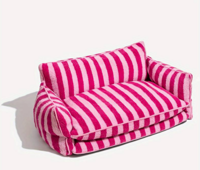Trendy luxe gestreepte dubbellaagse hondenslaapbank van lamswol streep Roze M